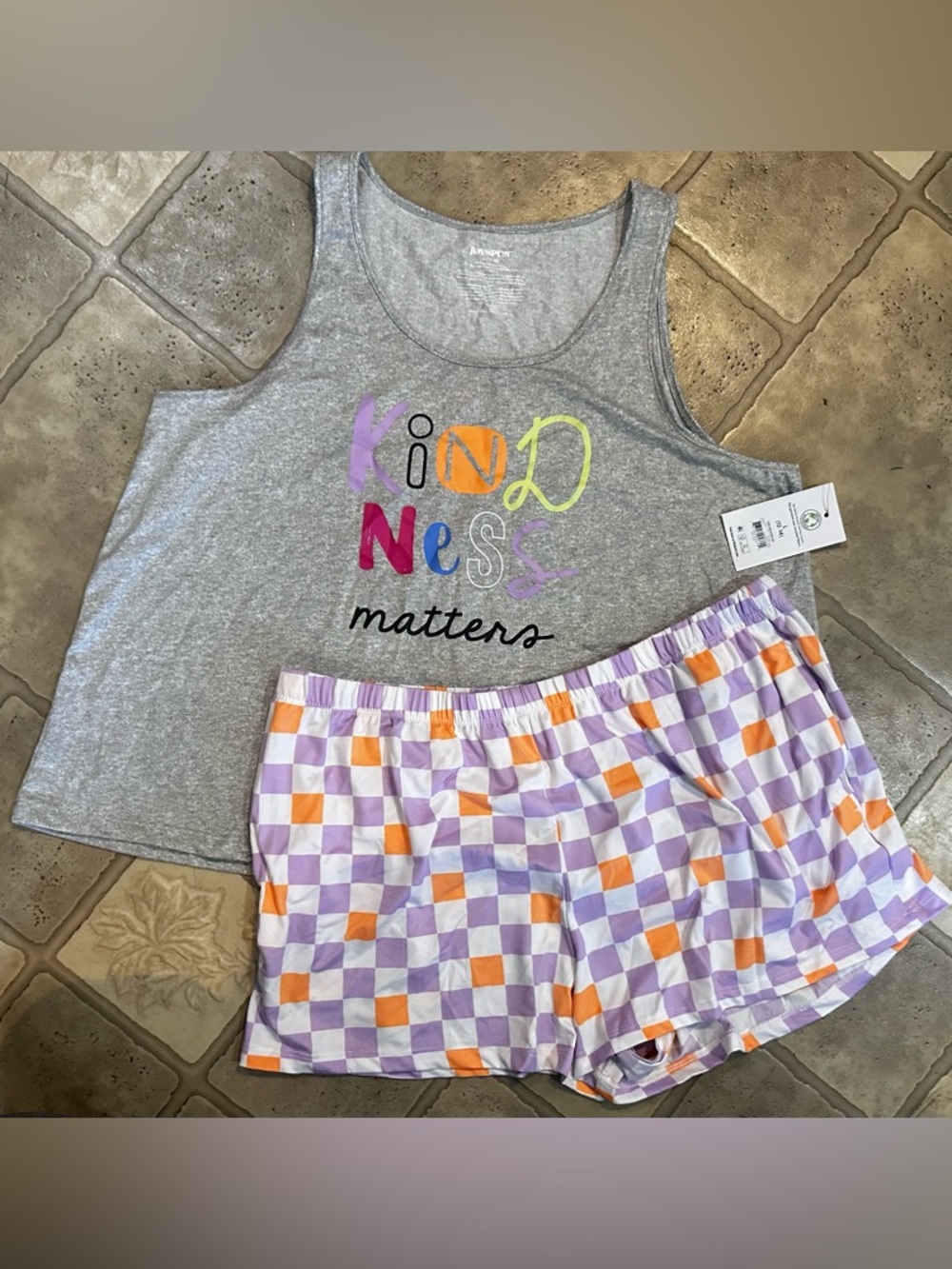 Kindness Matters Women's Gray Tank & Lavender-Orange Check Pajama Set
